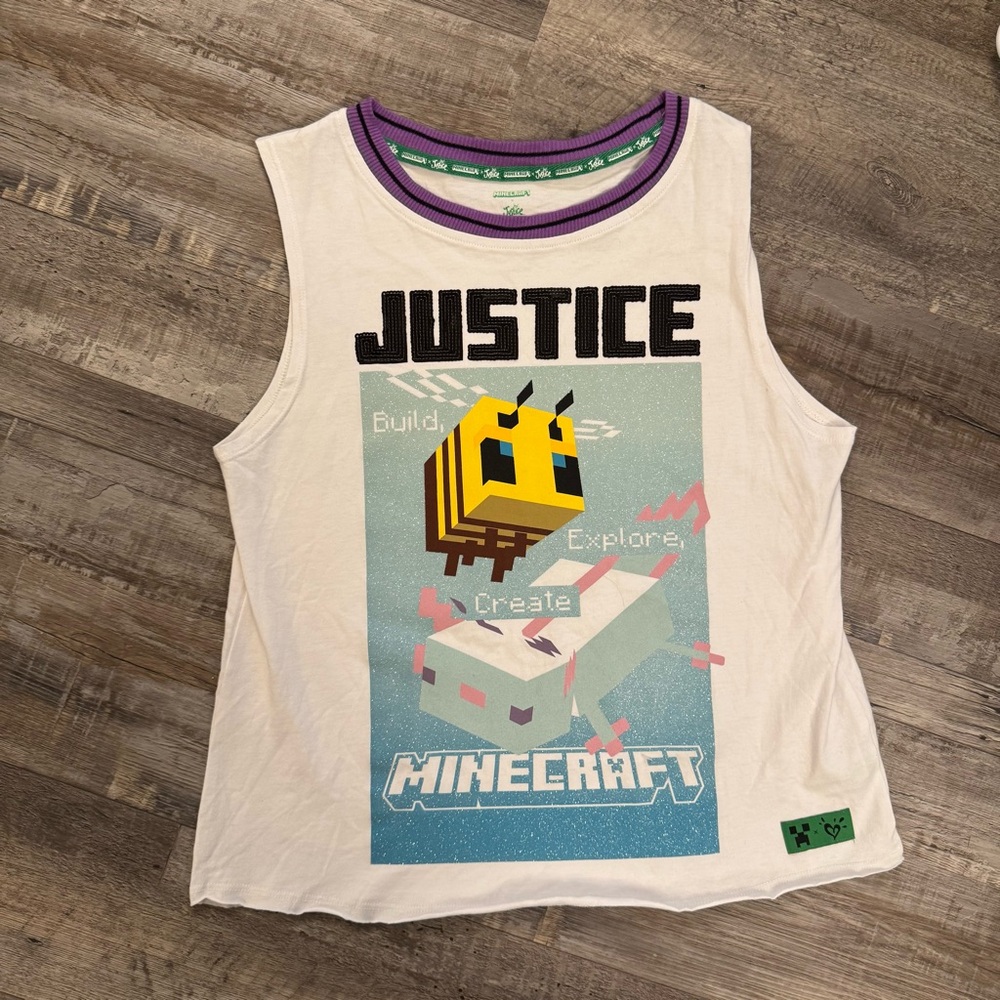 Justice White and Purple sparkly Minecraft Tank Top size large 12/14 girls